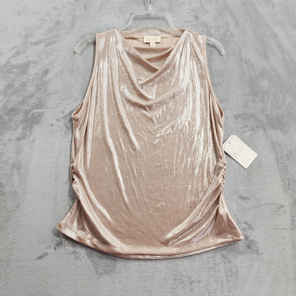 NEW London Rose Tank Womens XL Gold Metallic Cowl Neck Ruched Side Stretch Party